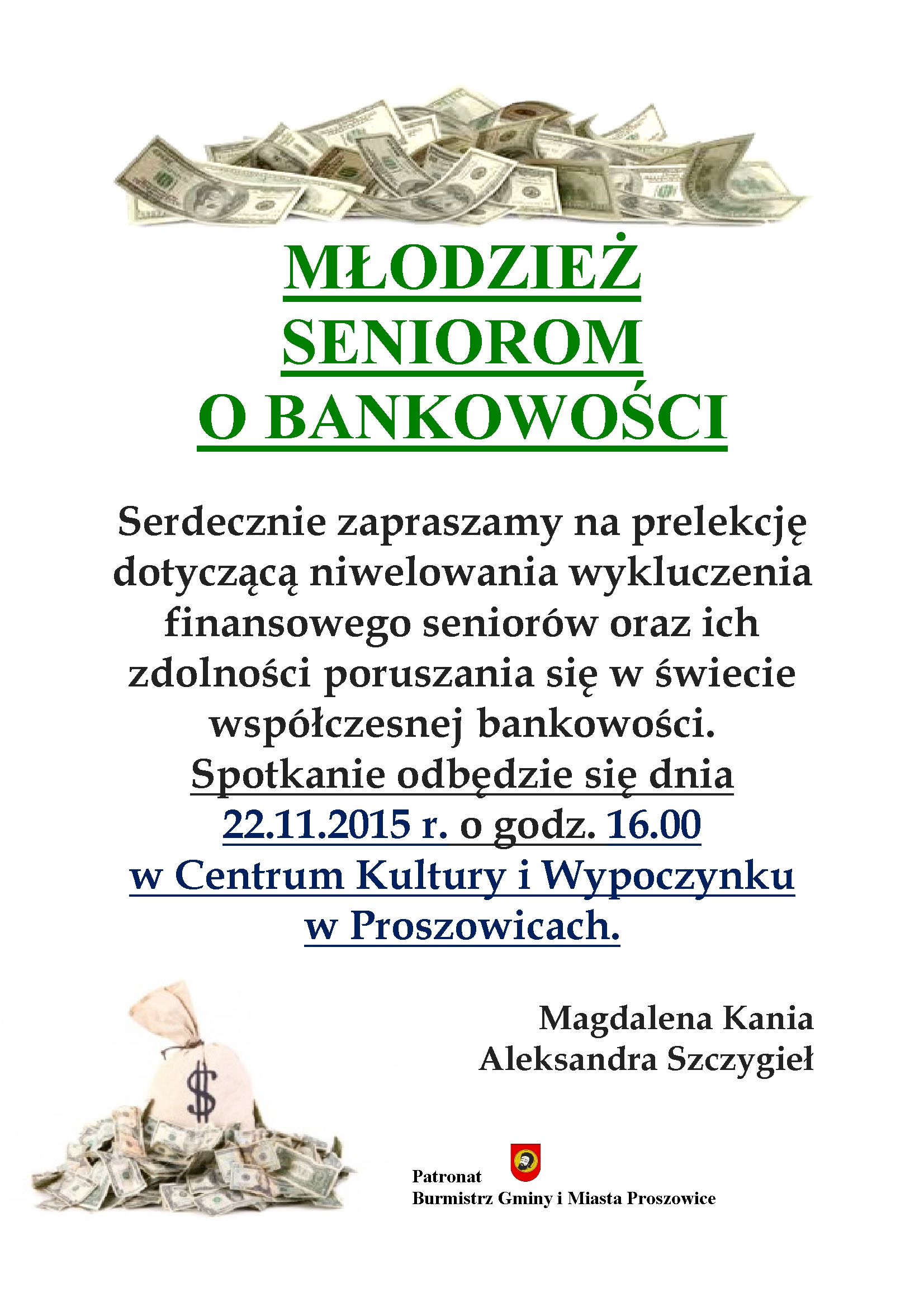 Plakat - zaproszenie do prelekcji nt. bankowości dla seniorów