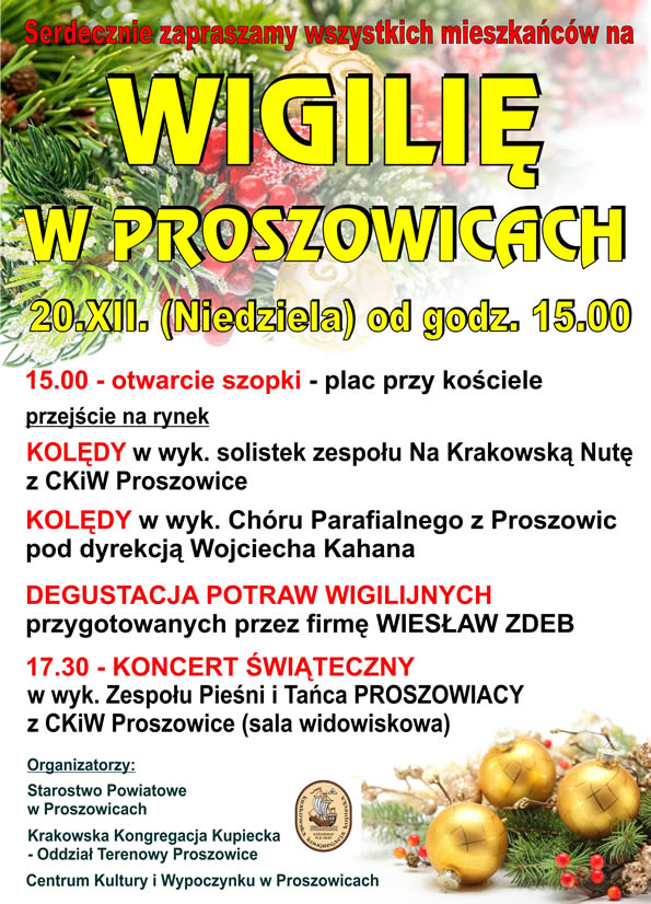 Plakat - Zaproszenie na Wigilię w Proszowicach