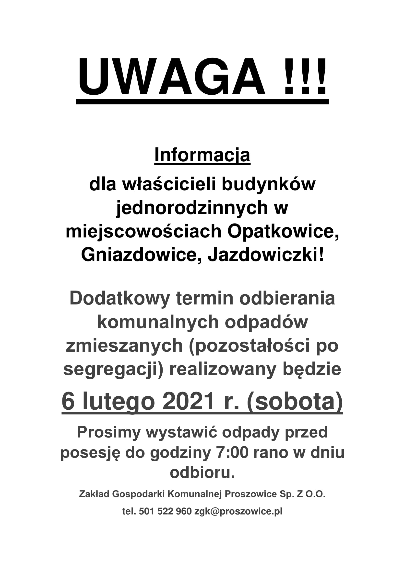 Informacja dla właścicieli budynków jednorodzinnych w miejscowościach Opatkowice, Gniazdowice, Jazdowiczki!