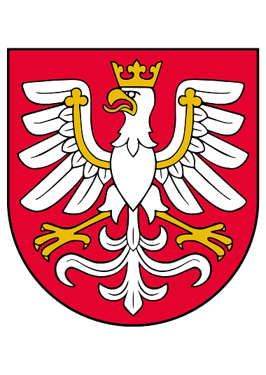 Herb województwa małopolskiego, w polu czerwonym ukoronowany orzeł biały ze złotą przepaską zakończoną trójliściem przez skrzydła, oraz takimże dziobem, językiem i szponami. Korona na głowie orła: gotycka, otwarta.